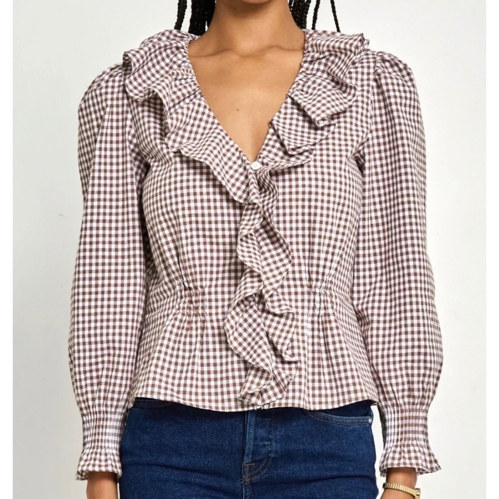 Few Moda Kourt Brown Gingham Ruffle V-Neck Blouse Cotton Peplum Top Size 8 NWT
